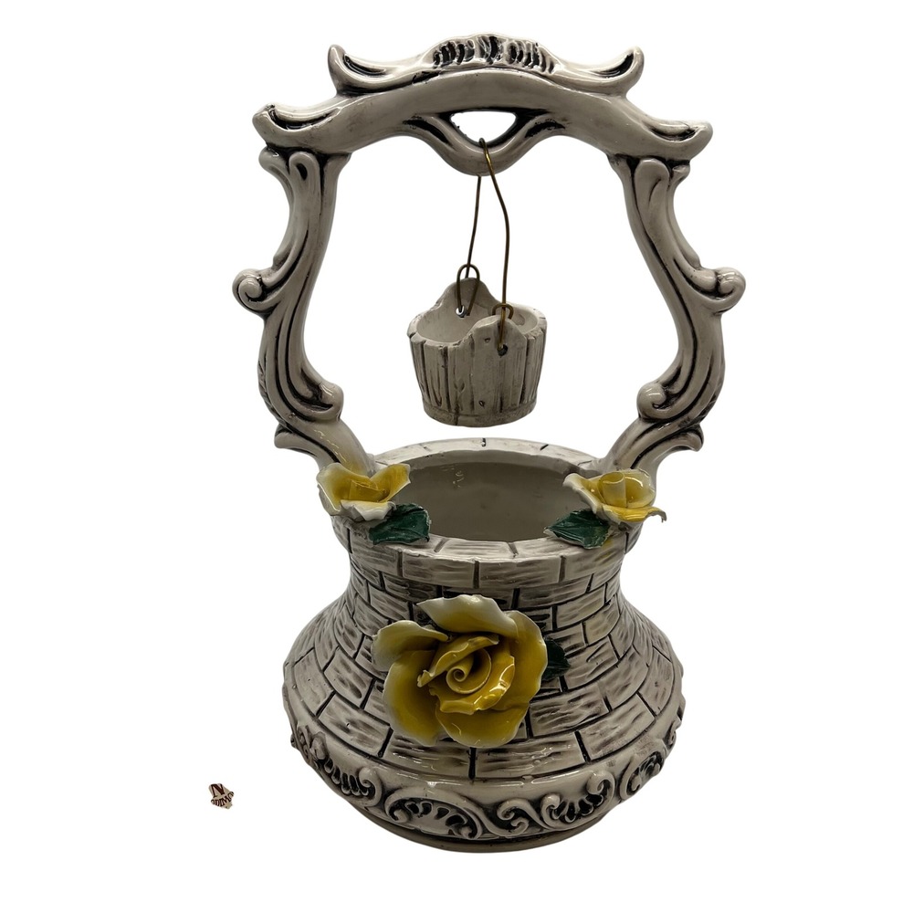 Capodimonte Wishing Well Planter Large White Yellow Roses Italian Porcelain 60s